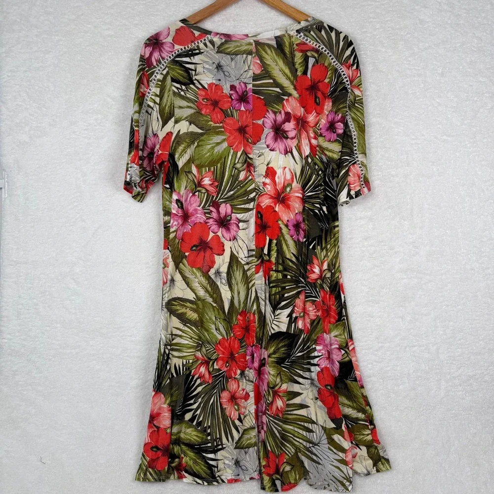 Spense Tropical Floral Dress Women XL Multicolor Shift Hibiscus Ladder Lace Trim - Picture 3 of 10
